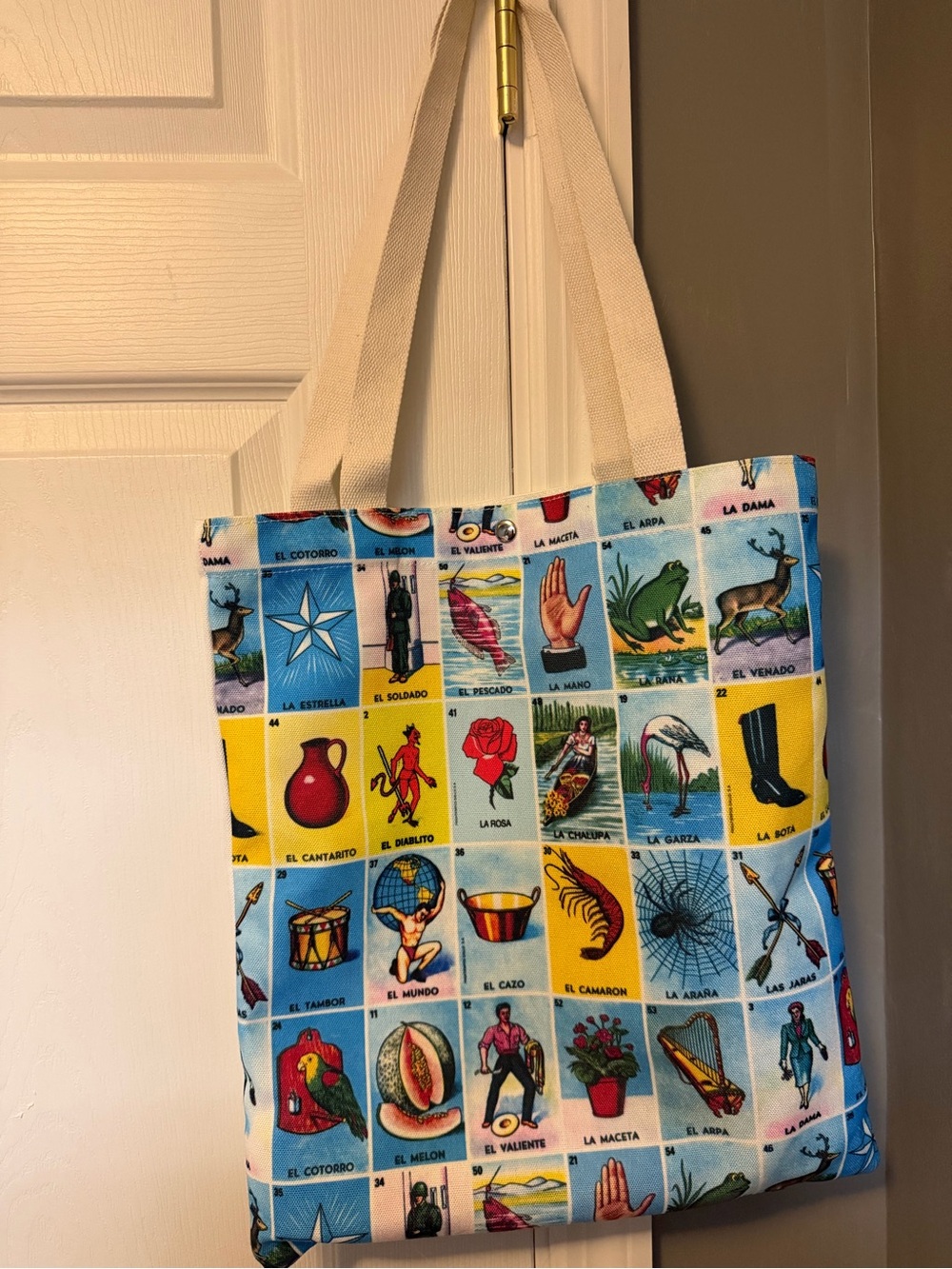 Loteria Print Canvas Tote Bag in Blue & Yellow